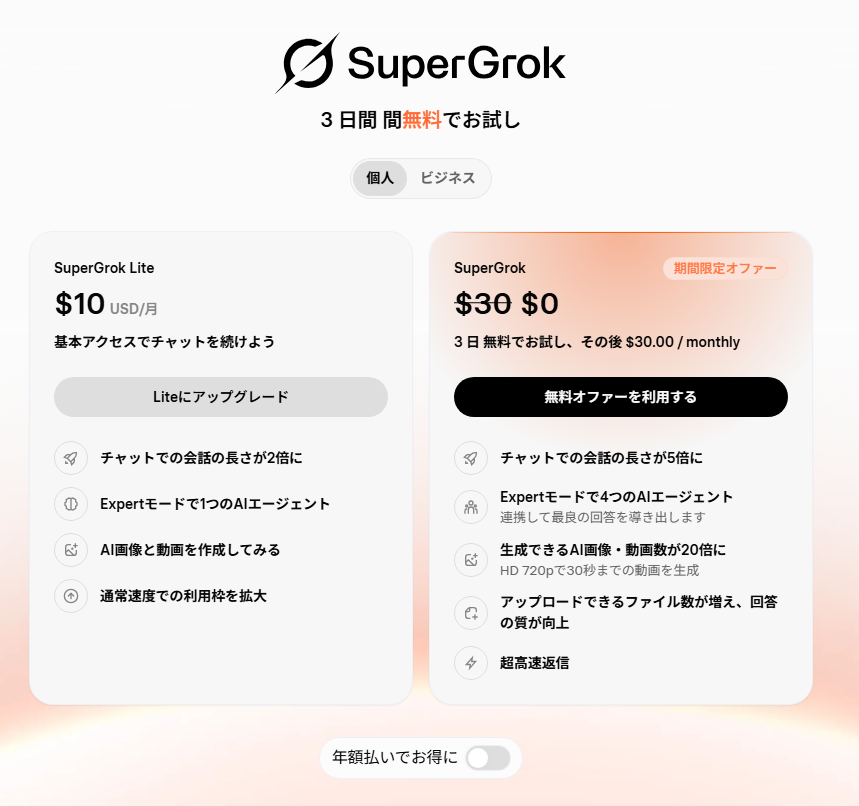 GrokのSuperGrok料金プラン画面