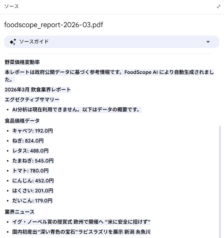 NotebookLMの引用元表示画面